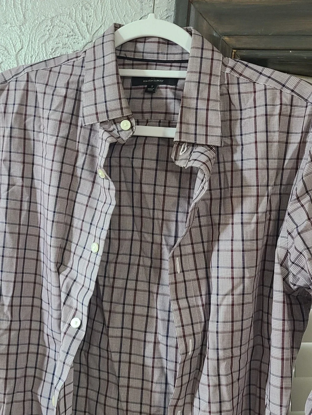 Banana Republic Slim Fit maroon, white, & navy check pattern Button Front Shir